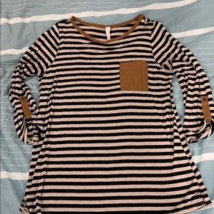 3/4 sleeve striped top with faux suede accents